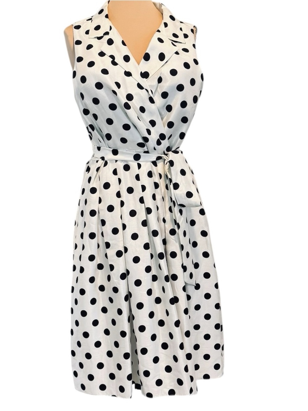 Jessica Howard Black White Polka Dot Faux Wrap Sleeveless Mid Fit Flare Dress 18